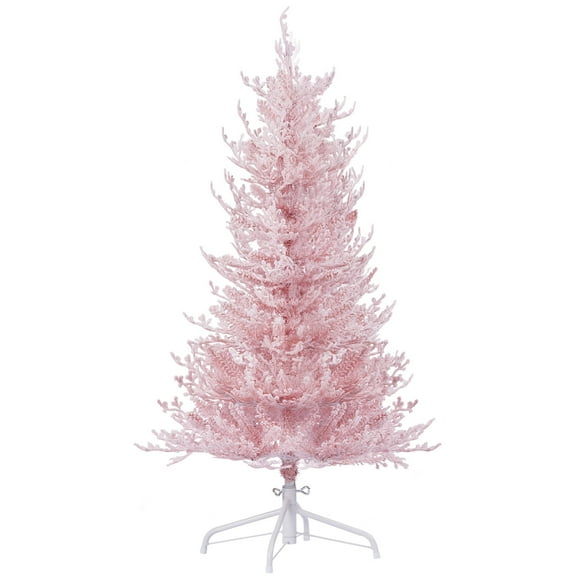 4 FT Pink Prelit Flocked Christmas Tree, 472 PE&PVC Tips Artificial Xmas Tree, 8 Lighting Modes 150 LED Pink Tree Flame Retardant, Hinged Design, Foot Pedal Switch for Home Office Decoration