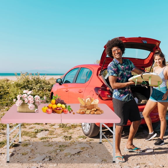 4 FT Portable Folding Table with Gravity Lock and Height Adjustment, Fold in Half Plastic Table with Carry Handle, Steel Legs and Non Scratch Feet Caps, Portable Table for Camping, Picnic, Pink