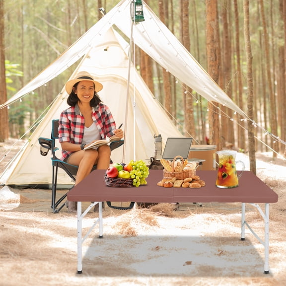 4 FT Portable Folding Table with Gravity Lock and Height Adjustment, Fold in Half Plastic Table with Carry Handle, Steel Legs and Non Scratch Feet Caps, Portable Table for Camping, Picnic, Brown