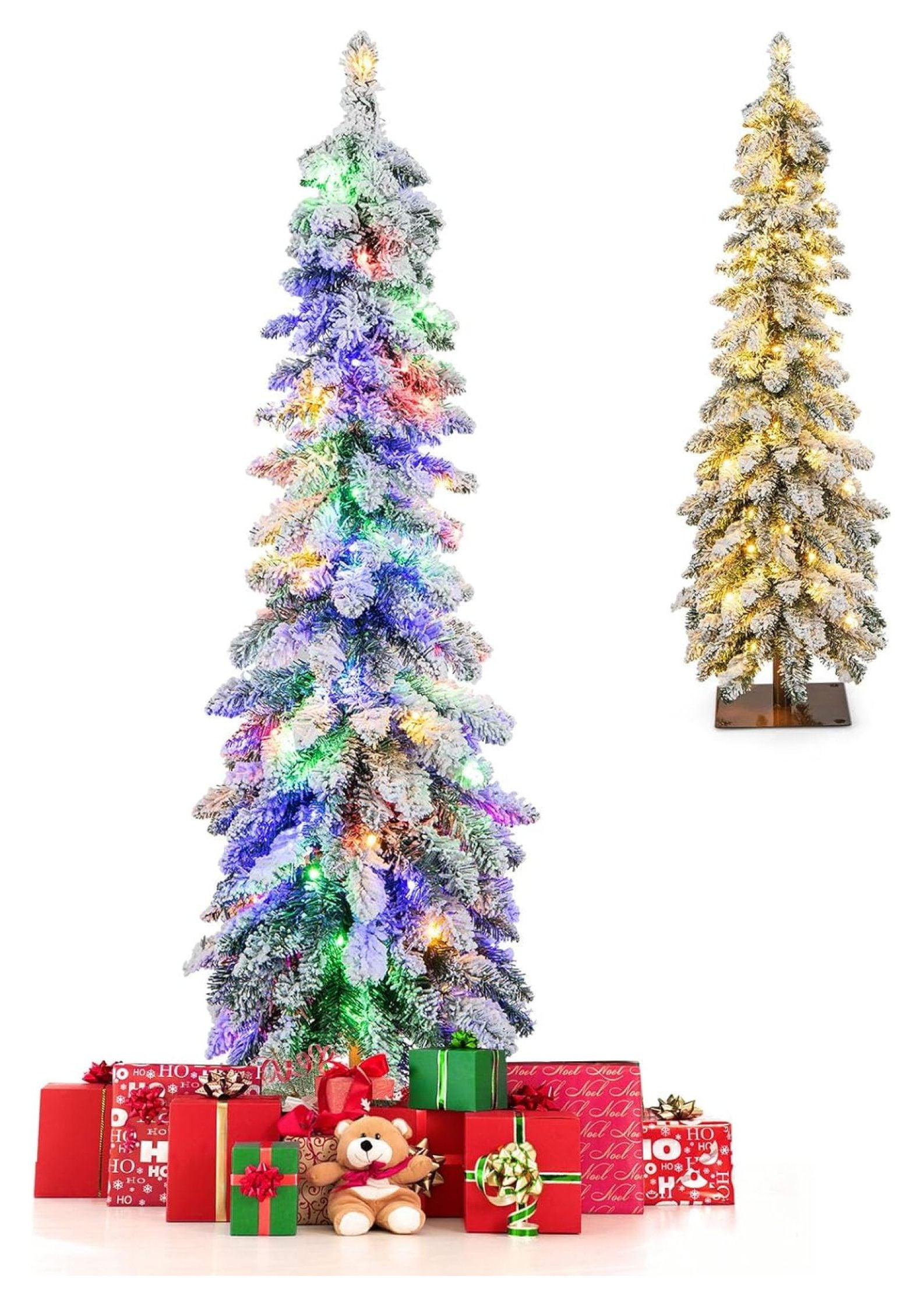 4 FT Pre-Lit Artificial Christmas Tree, Snow Flocked Slim Pencil ...