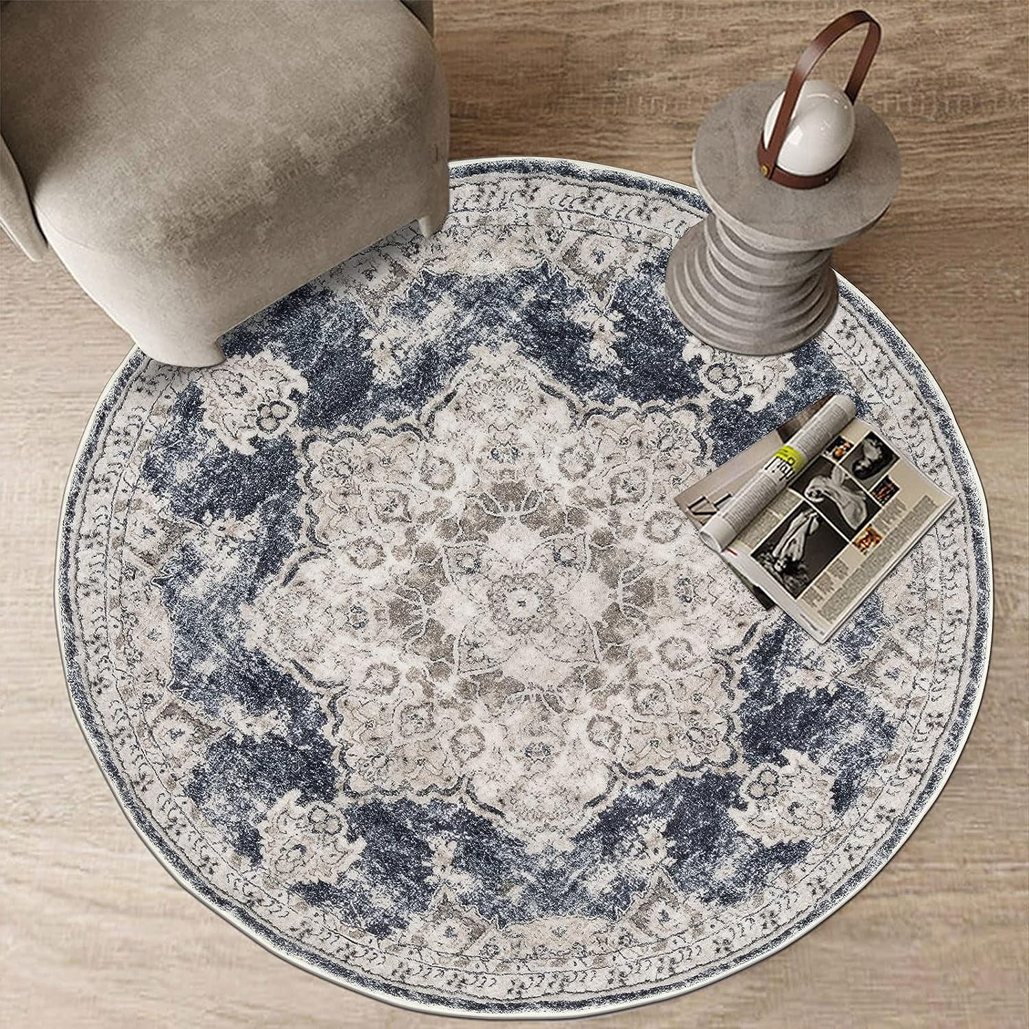 4 FT Round Area Rug, Yamaziot Boho Vintage Oriental Circle Carpet