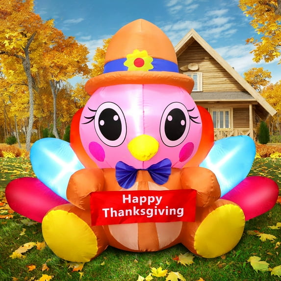 4 FT Thanksgiving Inflatable Baby Turkey Outdoor Decorations with Colorful Tail, Eye-catching Blow Up Turkey with Bright LED Lights for Garden Fall Yard Lawn Indoor House Holiday Party Decor