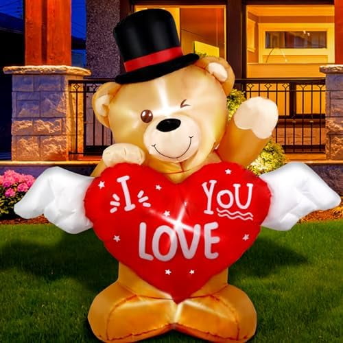 4 FT Valentines Day Outdoor Decoration Inflatable Teddy Bear with Love Heart, Valentines Blow Up Yard Decorations with Build-in LED Lights Sweet Valentines Gift for Home Wedding Party Dcor
