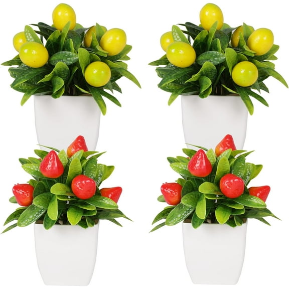 4 Fake Potted Plants Small Artificial Fruit Plants with Pots Lemon 2pcs Strawberry 2pcs Potted Plants for Indoor Decor Outdoor Garden Decorations