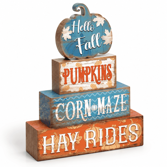 4 Fall Blue Pumpkin Decor For Home Hello Wooden Signs With Blessed