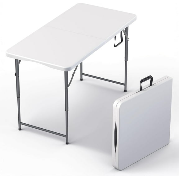 4 Feet Foldable Table Adjustable Height with Built in Handle, Steel Legs | Heavy Duty Portable | Perfect for Party, Dining, Wedding, Events, Picnic Indoor, Outdoor, Camping, Utility, Folding,White