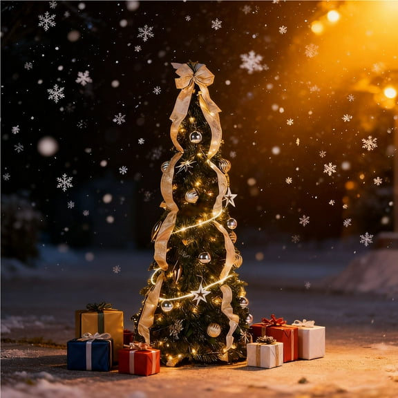 4 Feet PVC Retractable Christmas Tree by Holiday Peak, Pre-Lit and Fully Decorated, Collapses for Easy Storage