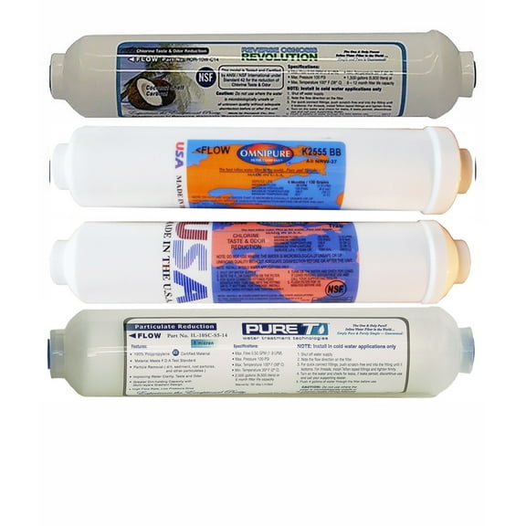 4 Filter Set for 5-stage Countertop Reverse Osmosis System, including 5m Sediment, T28 GAC , K2555 DI and Coconut Carbon T33 post filters