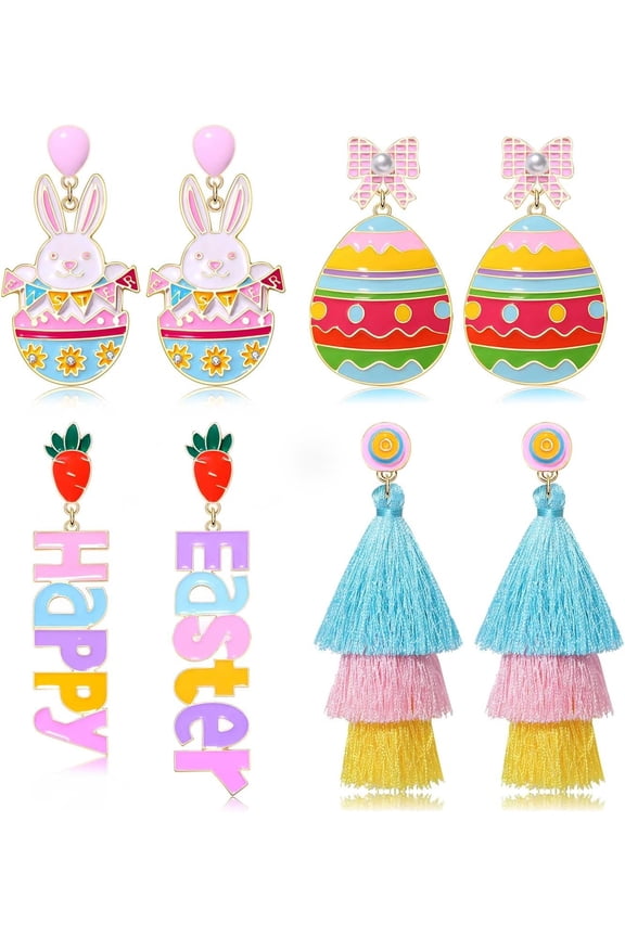 4 Fine Pairs Easter Earrings for Women, Beaded Rabbit Bunny Earrings Colorful Easter Egg Earrings, Spring Holiday Earrings Handmade Easter Accessory Jewelry Gifts[l341]