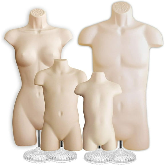 4 Flesh Mannequin Forms - Male Female Child & Toddler Torso Set w/ Acrylic Stand with Metal Pole & Hanging Hook, S-M Sizes