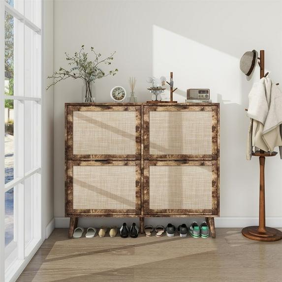 4 Flip Door Shoe Cabinet, Freestanding Shoe Rack with Double-layer Structure, Modern Shoe Storage Organizer with Wood Legs for Entryway, Hallway