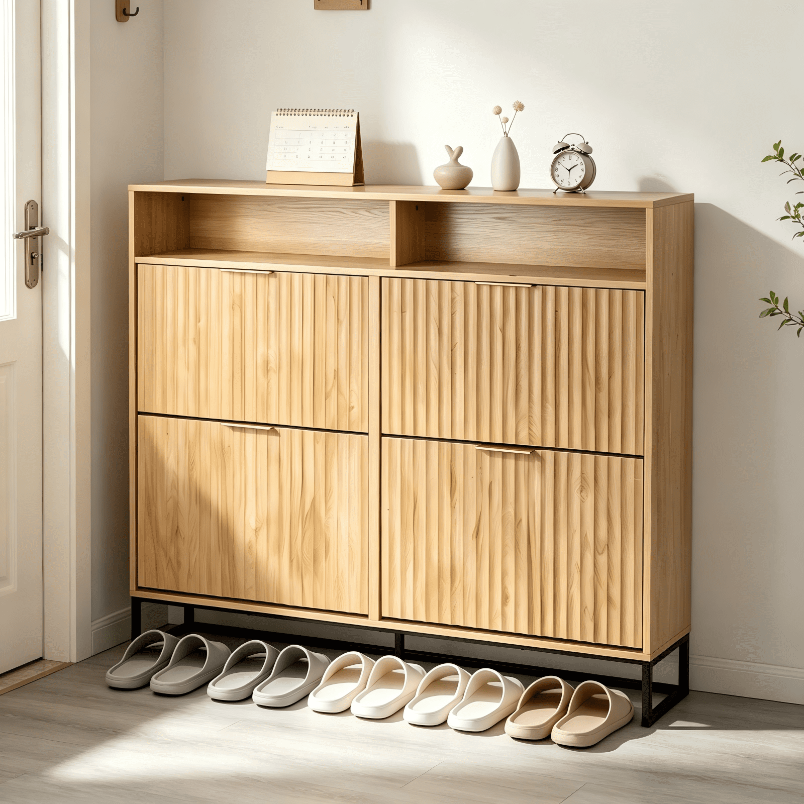 4 Flip-Top Drawer Shoe Cabinet with LED Lighting and Iron Legs