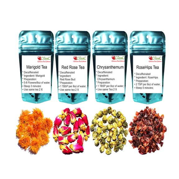 4 Flower Herbal Tea Samplers, Decaffeinated, Chrysanthemum, Marigold, Red Rose, Rose Hips, Loose Leaf Tea
