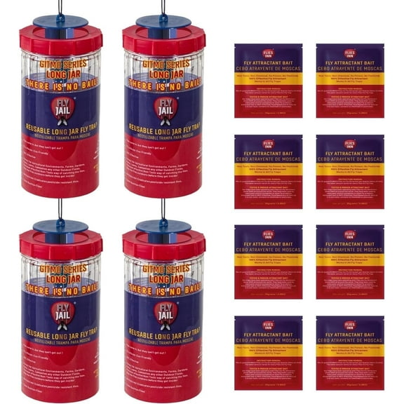 FLY JAIL Long Jar Reusable Outdoor Fly Trap with 8 Baits Fly Catcher for Garden & Ranch(4pack)