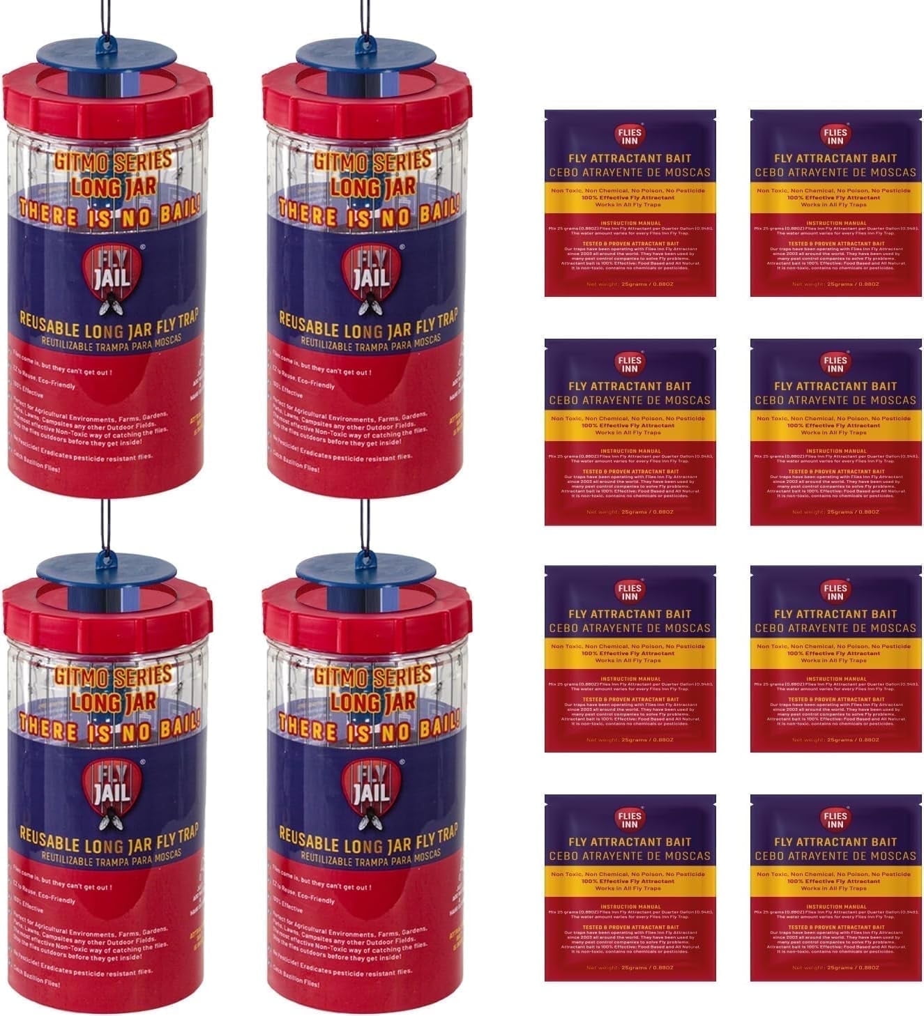 FLY JAIL Long Jar Reusable Outdoor Fly Trap with 8 Baits Fly Catcher for Garden & Ranch(4pack)