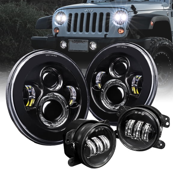 4" Fog Light + 7" Round CREE LED H4 Headlights for Jeep Wrangler JK TJ LC CJ