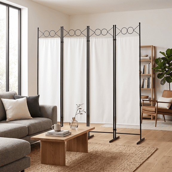 4-Fold Foldable Screen Plastic Feet 160G Polyester Fabric Carbon Steel Frame 6Ft off-White