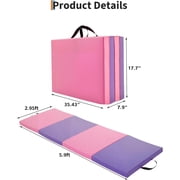 4-Fold Gymnastics Mat, 6x3 ft x 2 in Thick Folding Exercise Floor Mat - Portable Tumbling & Yoga Pad for Home Gym, Pilates, Dance, Cheerleading & Martial Arts - Pink-Purple