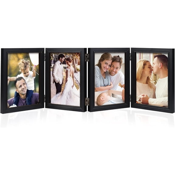 4 Folding 5x7 Inch Hinged Picture Frame High Definition Natural Wood Picture Frame Rustic Desktop Acrylic Frame Family Photo Collage for Birthday Father's Day Christmas Family Lover Gift