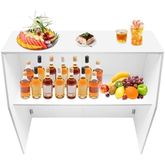 4' Folding Portable Event Bar with Top and Middle Shelves,Commercial Grade Portable Bar Table, Mobile Laminate Foldable Bar for Parties and Events, White + Aluminum Edge + Laminate$$Furniture