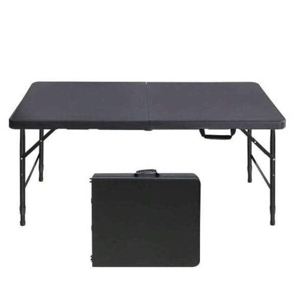4 Foot Fold-In-Half Folding Table, Heavy Duty Plastic Utility Table, Adjustable Height Portable Camping Dining Table With Carrying Handle, Black