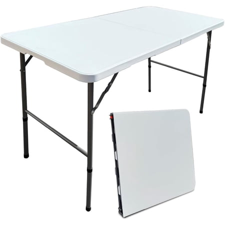 4-Foot Foldable Table with Built-In Handle and Steel Legs Heavy-Duty Folding Portable Table Ideal for Parties, Dining, Weddings, Events, Picnics, Indoor & Outdoor Use, Camping, and Utility Purposes