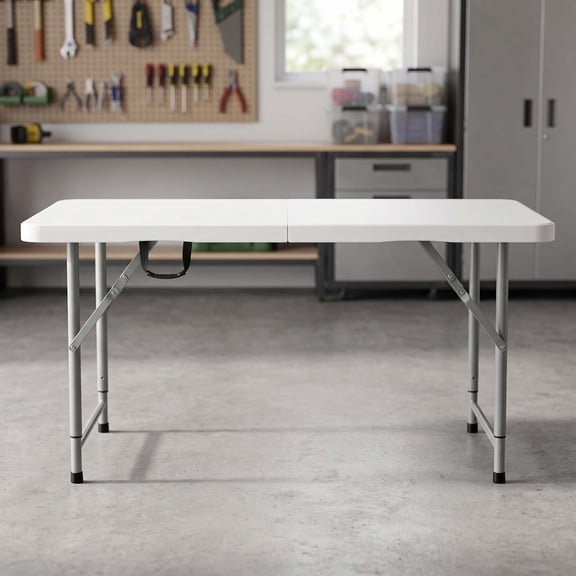 4 Foot Folding Camping Table with 3 Level Adjustable Height Portable White Plastic Top for Indoor Outdoor Party Picnic Dining and Soccer Events