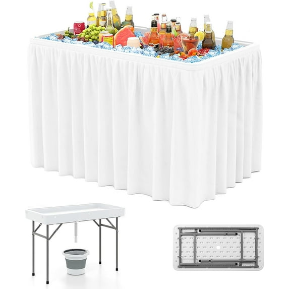 4 Foot Folding Ice Cooler Table, Portable Ice Tables for Parties with Drain, Detachable Matching Skirt & Foldable Bucket, Fill and Chill Table for Party, Picnic, Camping, Wedding, White