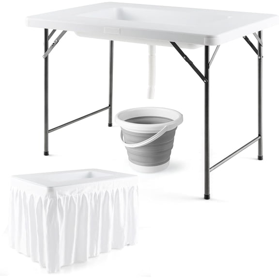 4 Foot Folding Ice Table, Buffet Salad Serving Table with Foldable Bucket, Removable Skirt, Drain System & 8" Spacious Edge, Portable Beverage Cooler for Party Camping Picnic Wedding