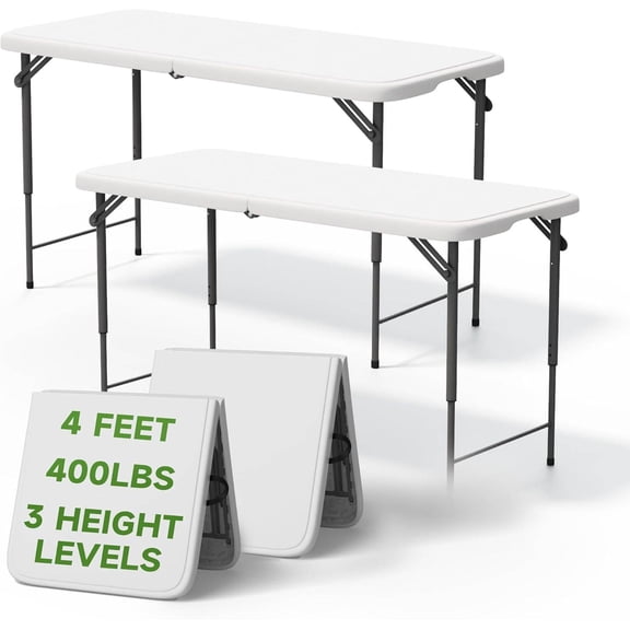 4-Foot Folding Table - 3-Position Adjustable Height, 400 lbs Capacity, Portable for Indoor & Outdoor Use (2 Pack)