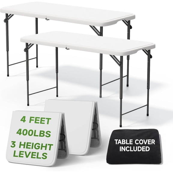 4 Foot Folding Table with Black Tablecloth 3-Position Adjustable Height, 400 lbs Capacity, Portable for Camping, Party & Indoor/Outdoor Use (2 Pack)