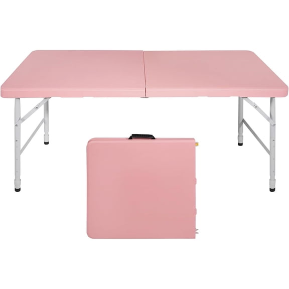 4 Foot Folding Table Portable Fold-in-Half Plastic Picnic Table w/Handle and Steel Legs for Indoor, Outdoor, Camping, Party, Garden (Pink, 4ft)