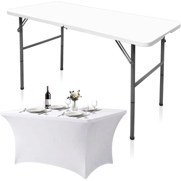 4 Foot Folding Table with Stretch Table Cover White
