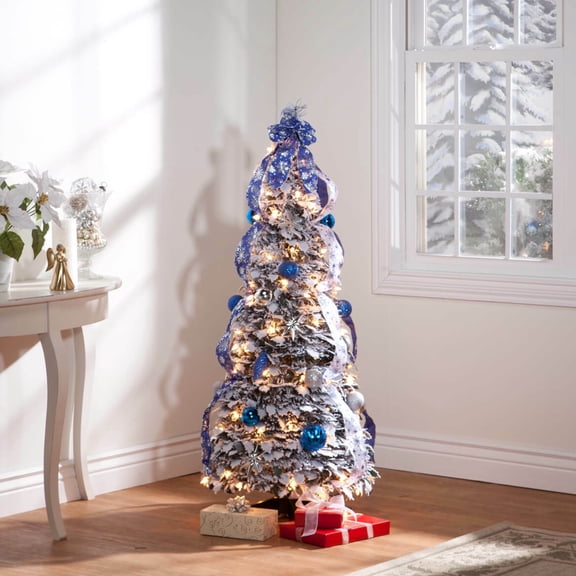4-Foot Fully Decorated Blue & White Bow Pull-Up Collapsible Christmas Tree