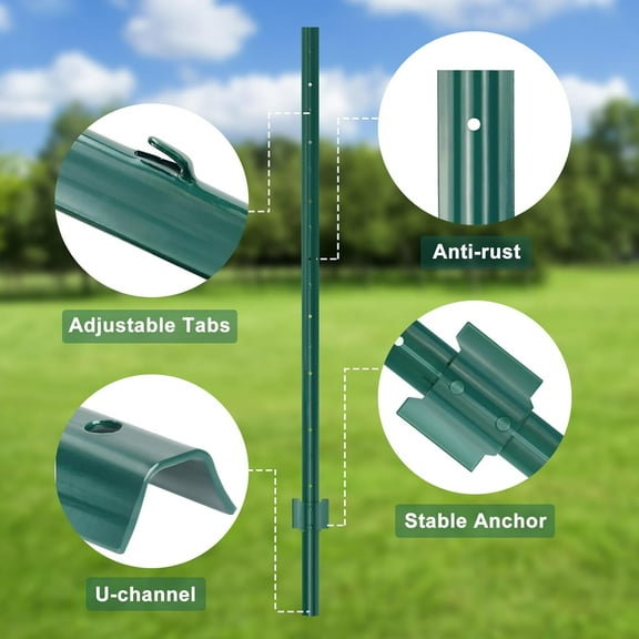 4-Foot Heavy Duty Metal Fence Post for Garden Yard - Green, No- U-Post Pack of 10