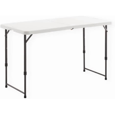 4 Foot Height Adjustable Fold-in-Half Table with Carrying Handle, Easy Folding and Storage, Indoor Outdoor Use, White, 4ft_Straight Legs