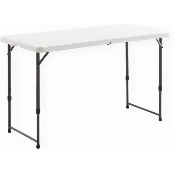 4 Foot Height Adjustable Fold-in-Half Table with Carrying Handle, Easy Folding and Storage, Indoor Outdoor Use, White, 4ft_Straight Legs