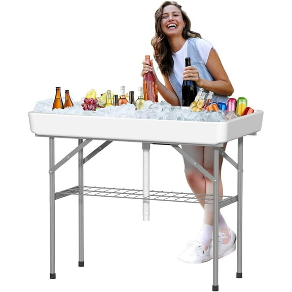 4 Foot Ice Cooler Table, Outdoor Cooler Table with Removable Matching Skirt and Shelf, Folding Ice Tables for Party, BBQ, Camping, Picnic, Fishing Cleaning Tables