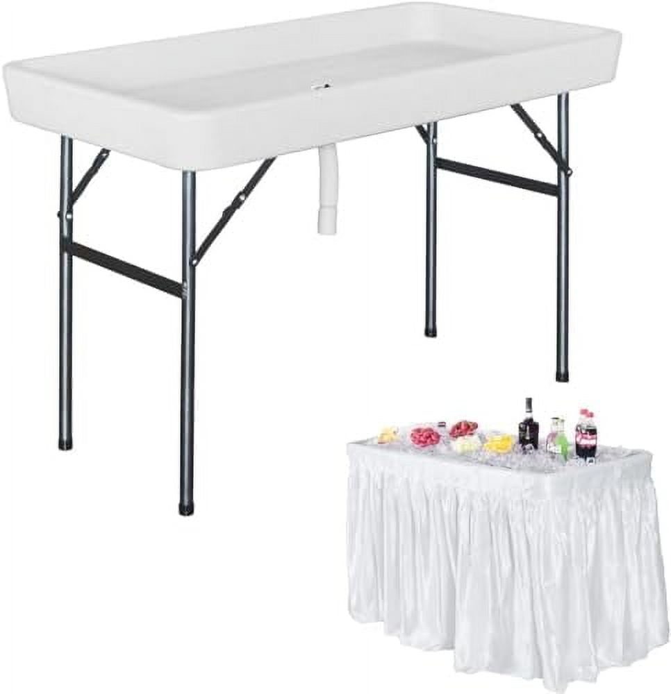 4 Foot Ice Tables for Parties with Drain, Ice Cooler Folding Table with Removable Matching Skirt, Party Ice Bin Table, Cooler Table Outdoor, Ice Table for BBQ, Camping, Picnic, Whi