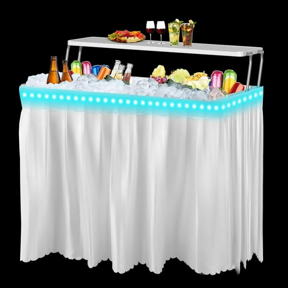 4 Foot Led Ice Cooler Table, Two-Tier Outdoor Cooler Table with Removable Matching Skirt LED Light Strip Drain Plug and Shelf, Plastic Chill Table to Keep Drinks Cool for Party, Camping, Picnic