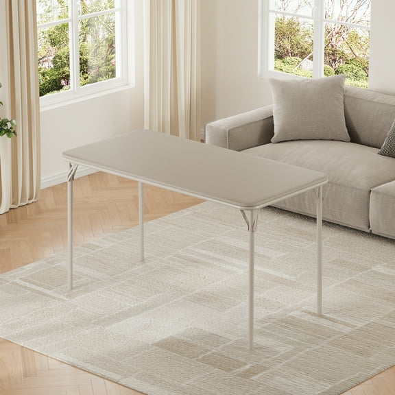 4-Foot Portable Folding Table with Durable PU Leather Surface – Heavy-Duty Metal Frame, Adjustable Storage Shelf, Ready-to-Use Design for Home, Office & Outdoor, Beige