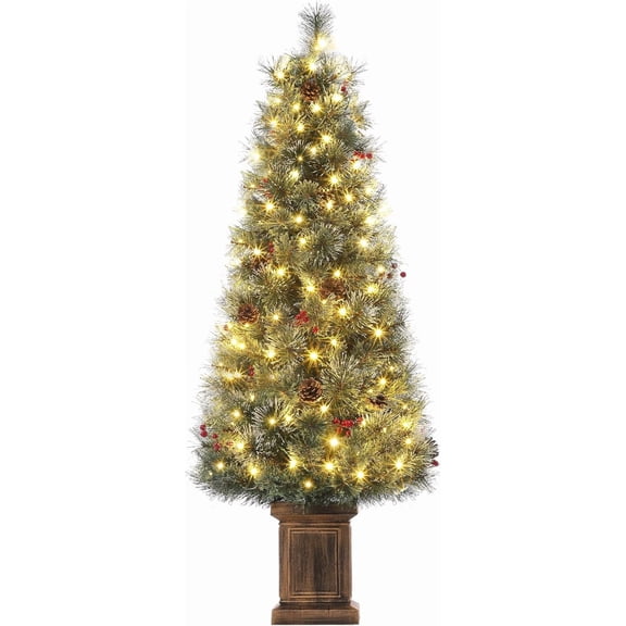 4-Foot Pre-Lit Christmas Tree with 100 LED Lights, Hinged Branches, Red Berry Clusters Includes 2 Trees