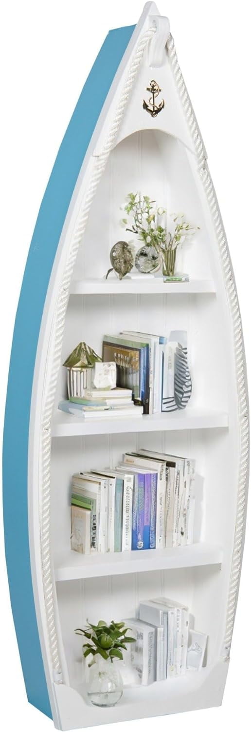 4 Foot Small Wooden Coastal Sailboat Bookcase with Four Shelves