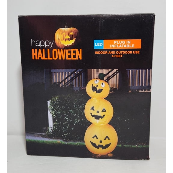 4 Foot Tall Happy Halloween Jack O Lantern Pumpkin Stack LED Light Up Airblown Inflatable