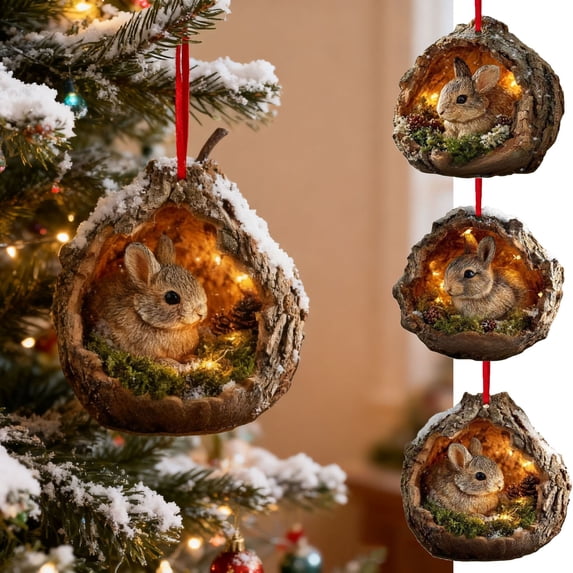 4" Forest Rabbit Decoration Christmas Tree Pendant Holiday Gift, Acrylic Animal Ornaments for Tree and Wreath, Cute Forest Creature Design for Festive Home Decor