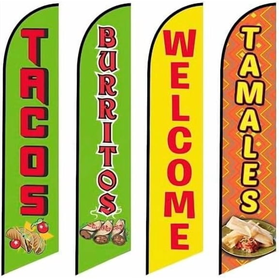 4 Four Pack Tall Feather Flags Mexican Food Restaurant Tacos Burritos Tamales and Welcome Advertising replacement flags only