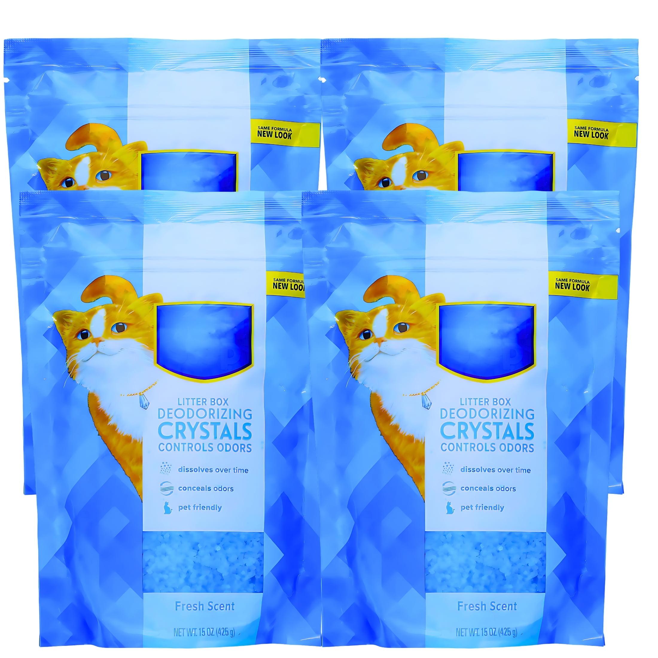(4) Fresh Scent Cat Litter Box Deodorizing Blue Crystals, 15oz Bag Litterbox Freshener Controls Odors Dissolves Over Time Pet-Friendly Home Odor Control