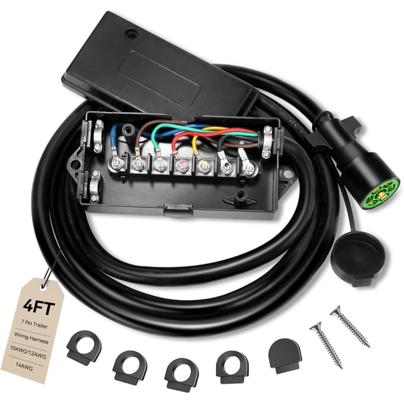 4 Ft 7 Pin Trailer Wiring Harness With g Junction Box, Heavy Duty Way Box Pole Waterproof for RV Trailers, Campers, Plug Dust Cover- Pure Copper