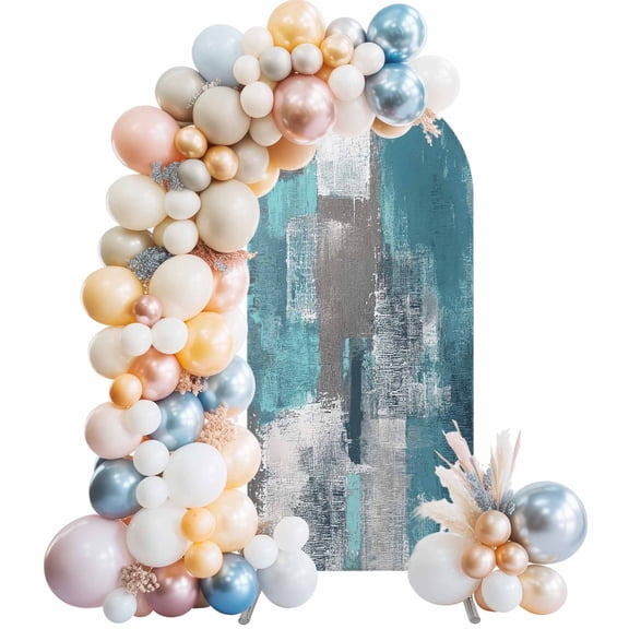 4 Ft Arch Backdrop Cover, Turquoise Grey Decorative Wedding Arch Covers Spandex Fitted, Abstract Square Graffiti Modern Smear Backdrop Arches Covers for Party Banquet Baby Shower