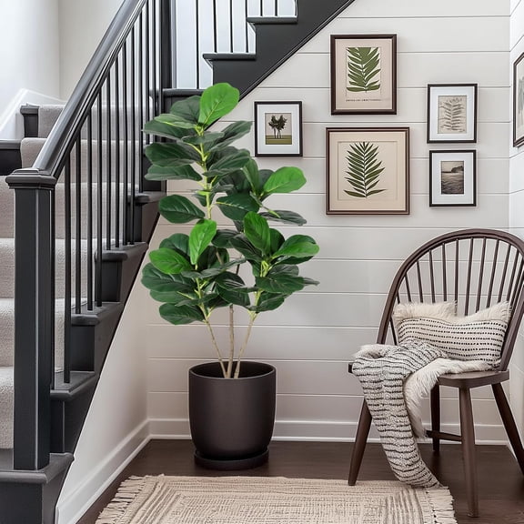 4 Ft Fiddle Leaf Fig Artificial Tree with Pot Maintenance Free and Realistic for Indoor Outdoor